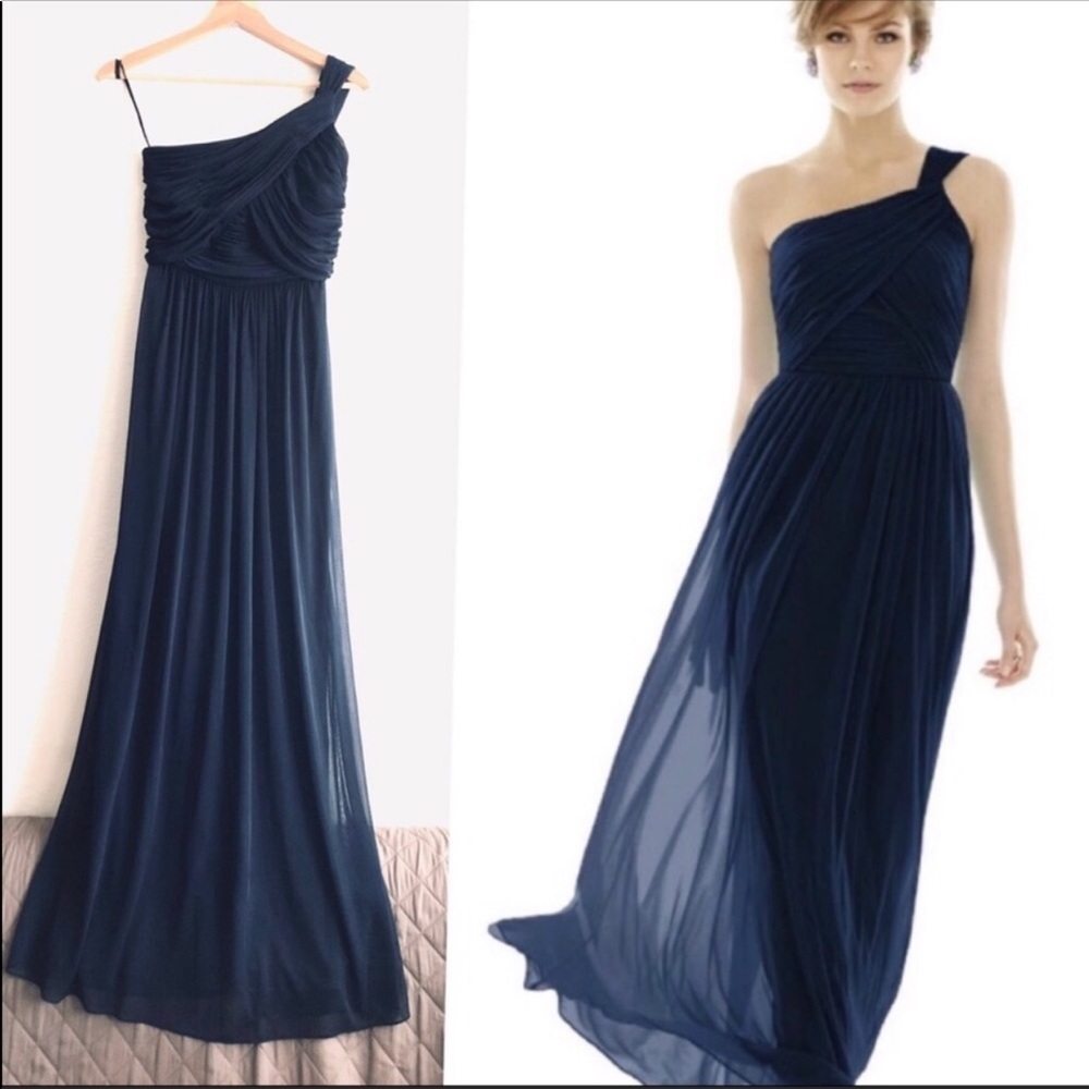 Alfred Sung Grecian-inspired chiffon long gown one shoulder navy blue XS